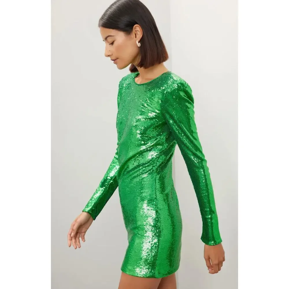 Bardot sequin-embellished padded-shoulder mini dress in Green Size XS